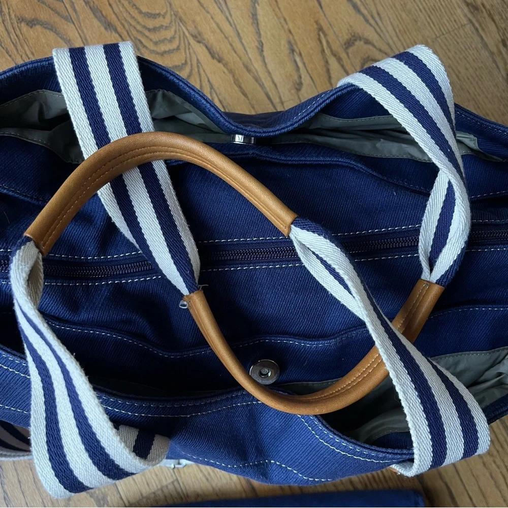 Pottery Barn Classic Diaper Bag with Leather Handles and Trim Monogram C Navy
